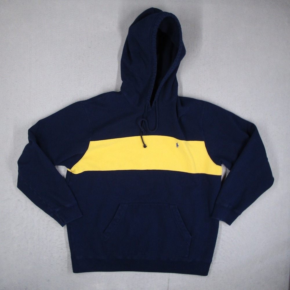 Polo Ralph Lauren Mens XL Hoodie Navy Blue Yellow Colorblock Pony Fleece Y2K